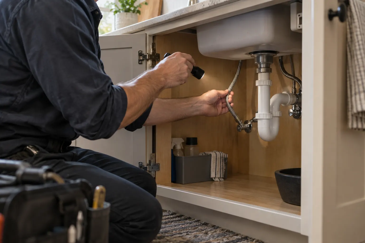 A technician checking equipment in a property utility area