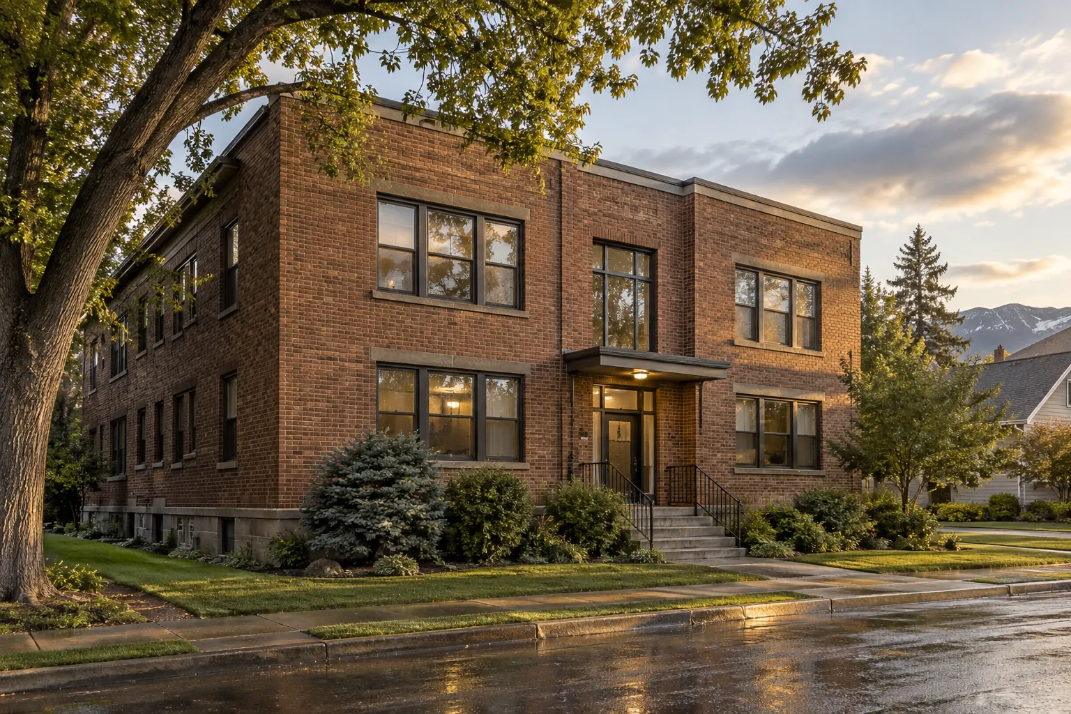 A quiet multi-unit property at the edge of a tree-lined street