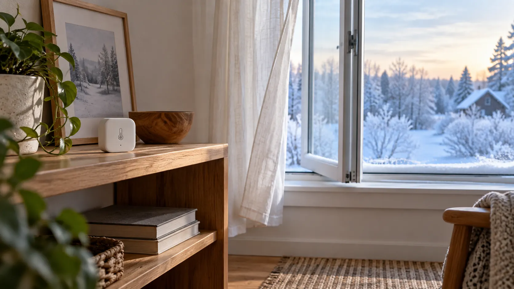 Illustrated winter room with a temperature monitor